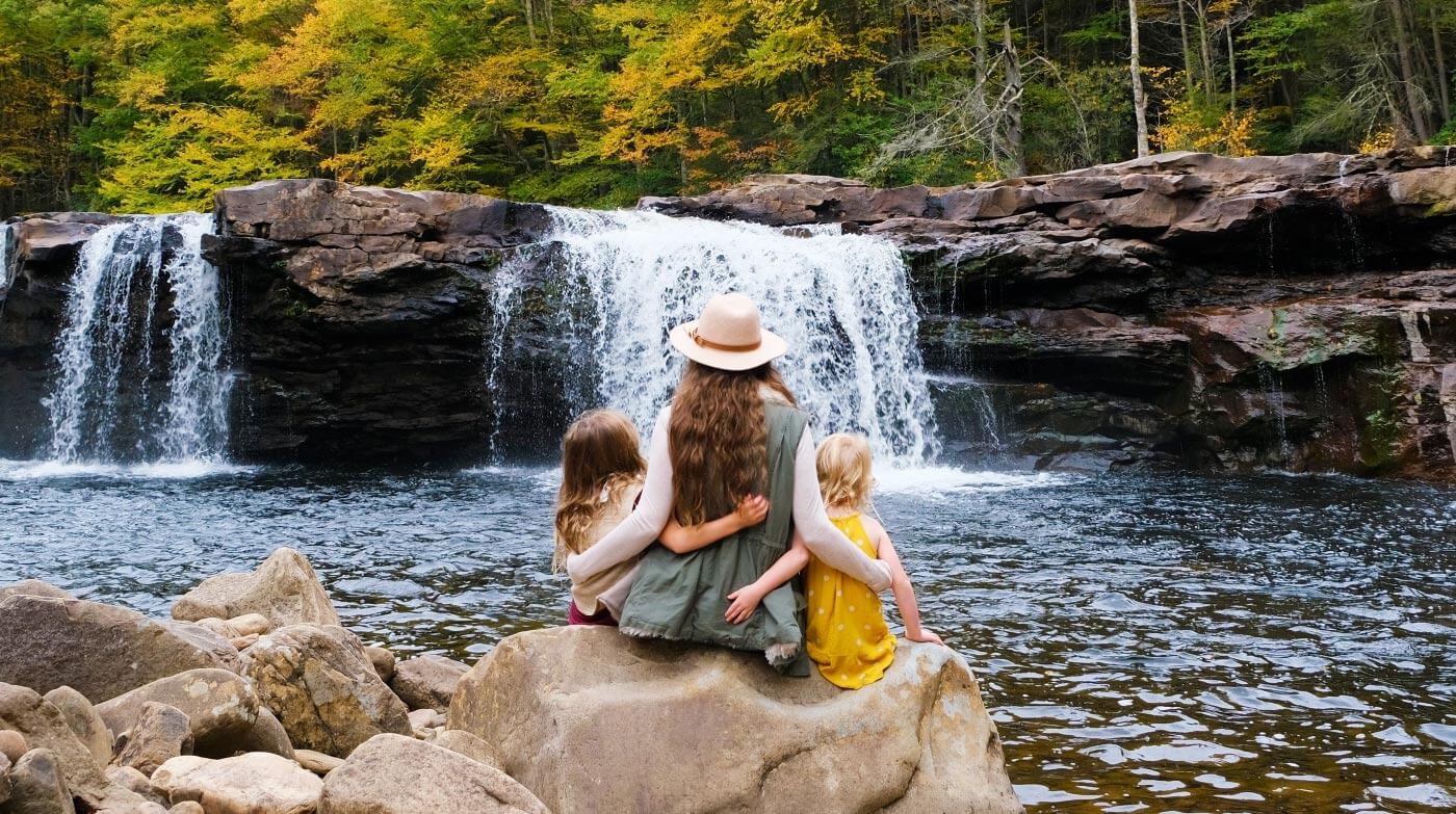 Mom and Daughters enjoying the waterfalls at the High Falls of Cheat